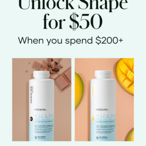 Shaklee June Promo - Shop Shaklee Australia Promotional banner: 'Unlock Shape for $50 when you spend $200+' showing two MODERE Shape bottles with chocolate and mango flavor accents against a mint background.
