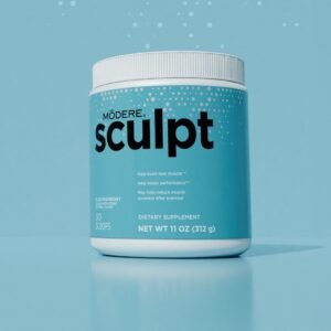 Blue Modere Sculpt dietary supplement bottle with white cap on a blue background; net weight 11 oz (312 g).