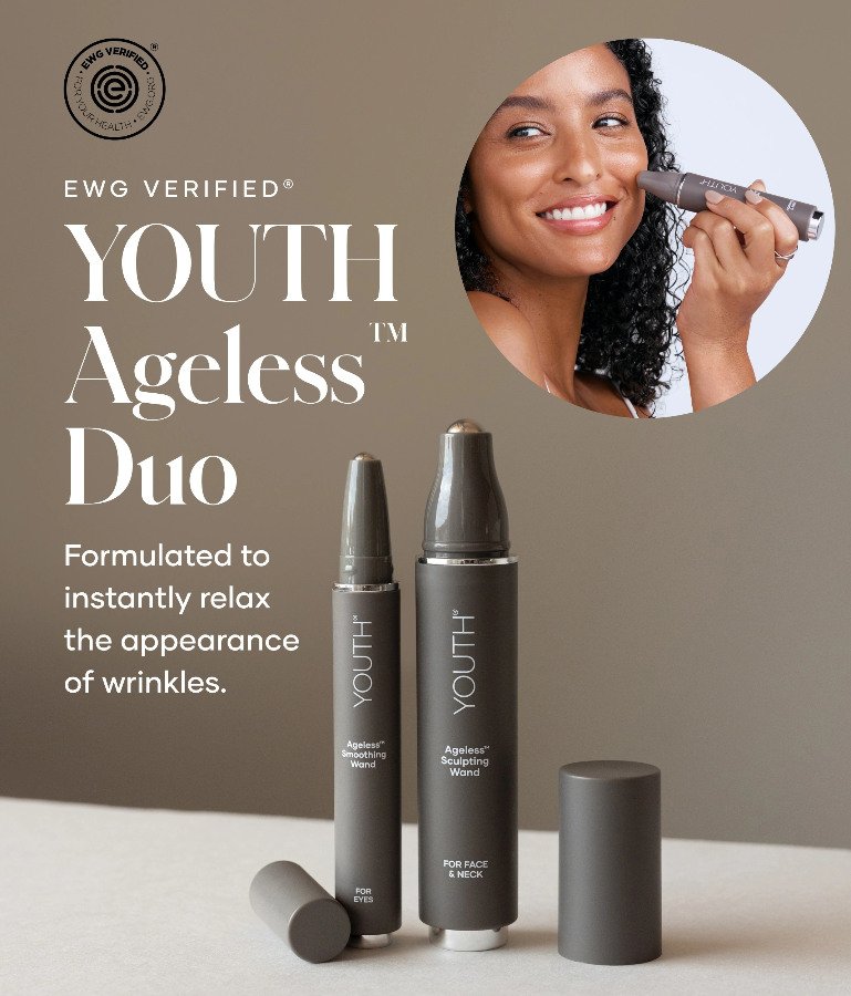 EWG Verified Youth Ageless Duo skincare bottles with a circular cutout image of a smiling woman applying product on her face; text on left promotes wrinkle reduction.
