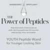Promotional poster for 'The Power of Peptides' describing peptide benefits for youthful skin with a droplet at top and large title text at center.