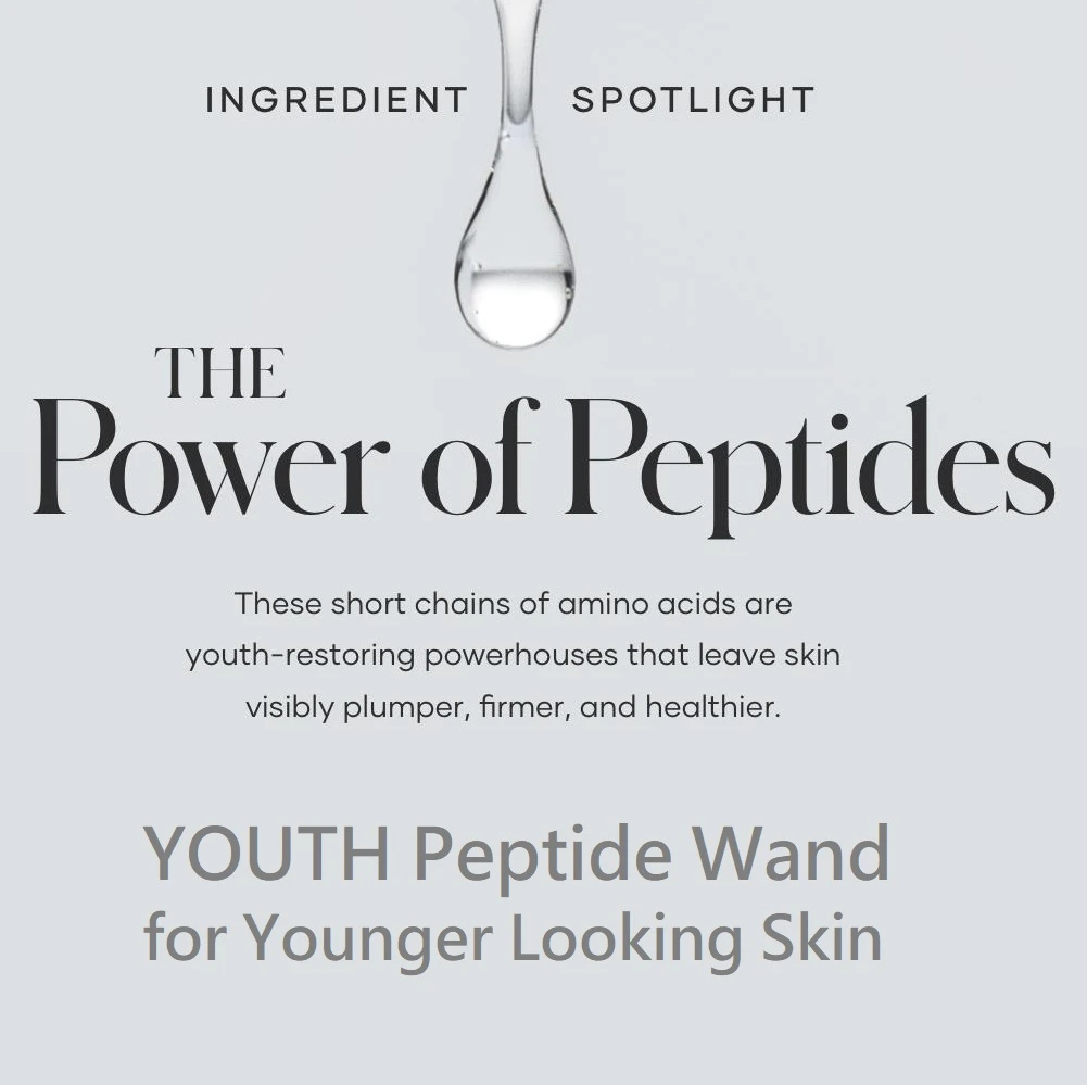 Promotional poster for 'The Power of Peptides' describing peptide benefits for youthful skin with a droplet at top and large title text at center.