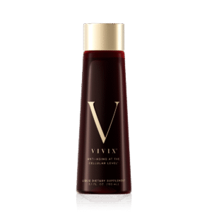 VIVIX bottle with dark red liquid and gold cap, labeled anti-aging at the cellular level (150 ml)