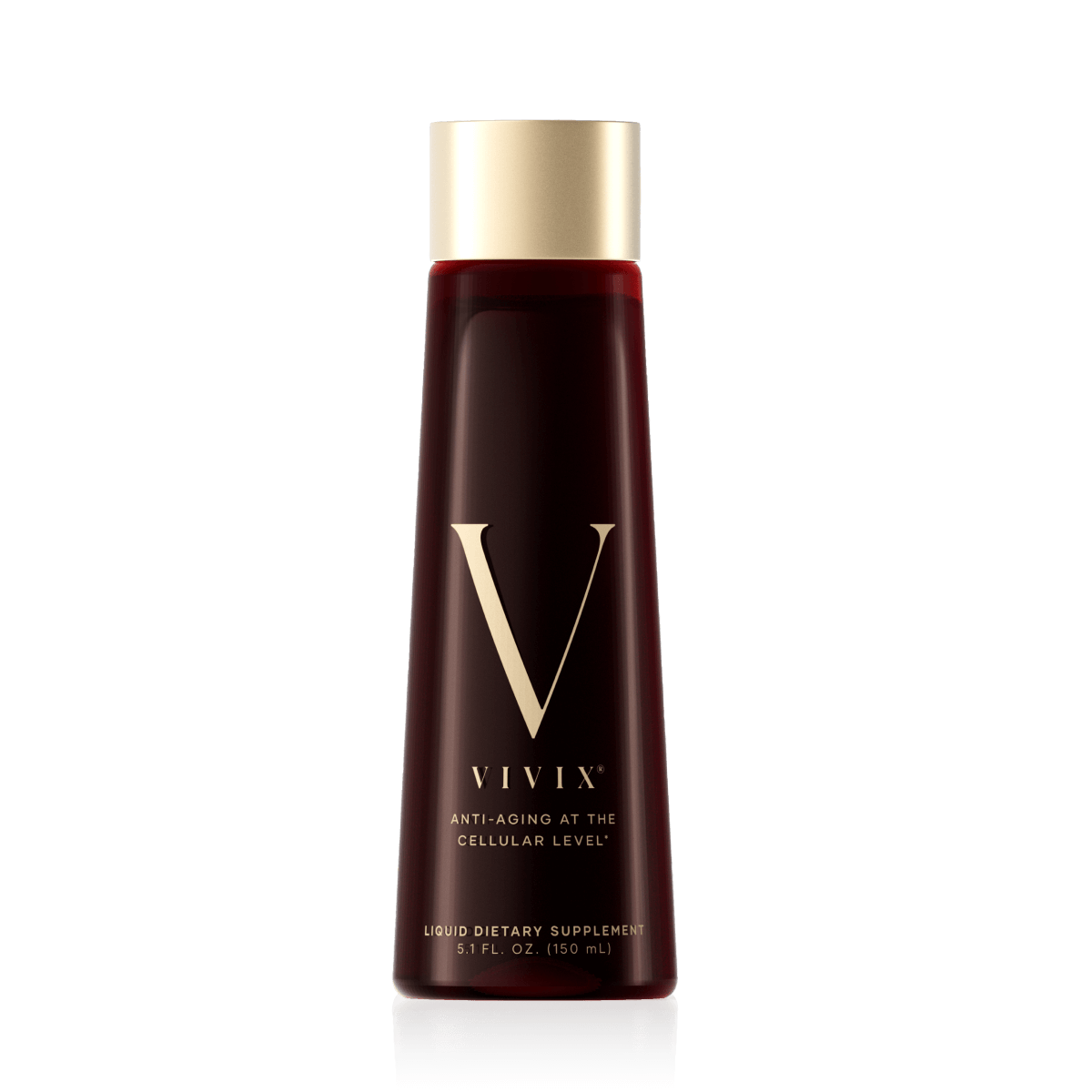 VIVIX New Gold bottle - Shop Shaklee Australia VIVIX bottle with dark red liquid and gold cap, labeled anti-aging at the cellular level (150 ml)