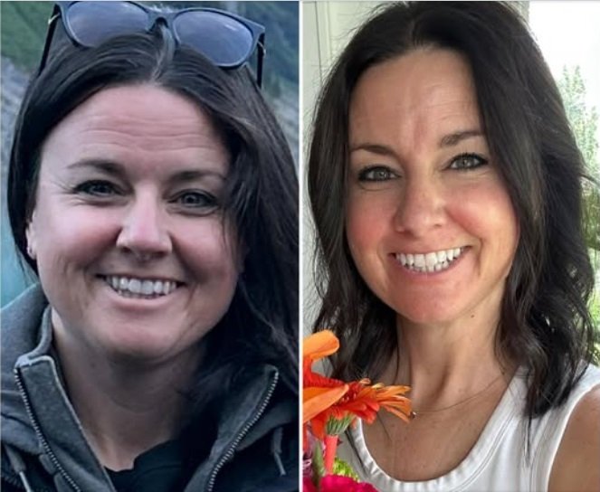 Side-by-side photos of a smiling woman: left outdoors in a jacket with sunglasses on her head; right in a white top holding orange flowers, smiling.] ,