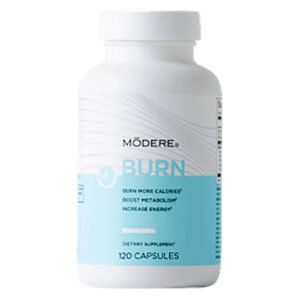 White Modere Burn dietary supplement bottle, blue label, 120 capsules