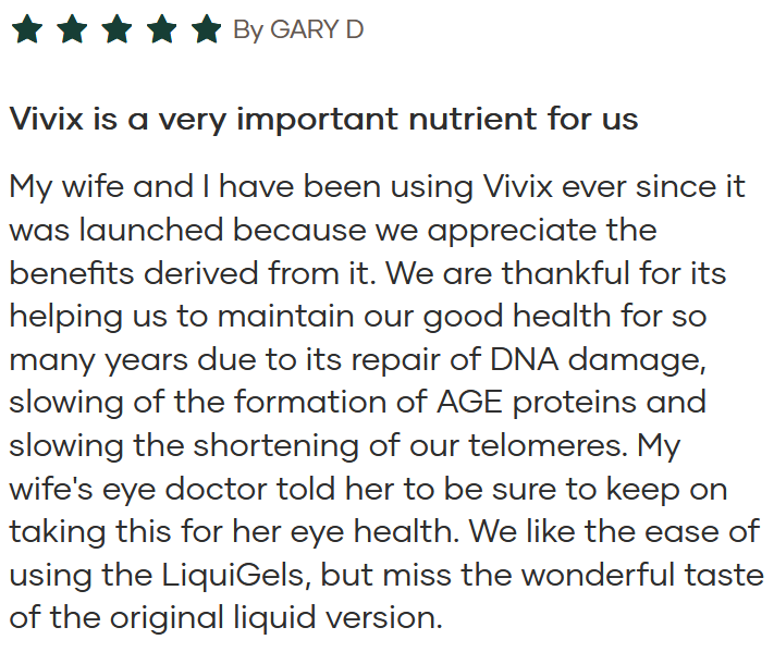 Five-star rating by Gary D with the headline 'Vivix is a very important nutrient for us' and a testimonial praising Vivix's health benefits.
