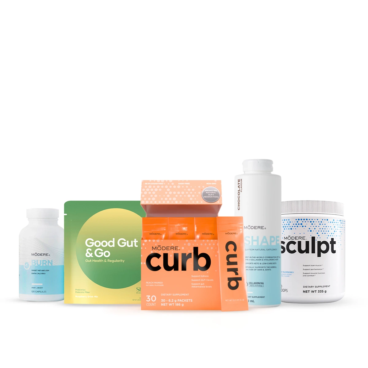 Advanced Body Reset Bundle _ Bundle Boost _ Nutrition _ Shaklee AU site - Shop Shaklee Australia Assorted Modere health supplements bundle including curb packets, Good Gut & Go, sculpt, shape bottle, and a white bottle on the right side.