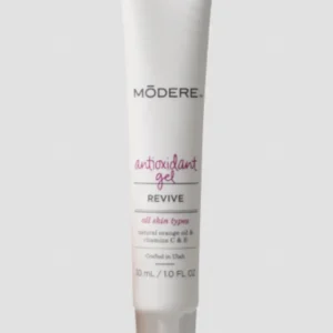 White squeeze tube labeled 'MODERE antioxidant gel REVIVE' for all skin types, 30 mL (cosmetic skincare product)