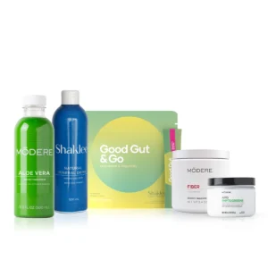 Gut Harmony Bundle _ Bundle Boost _ Modere _ Shaklee AU site - Shop Shaklee Australia Modere gut-health bundle with Aloe Vera drink, Shaklee mineral drink, Good Gut & Go kit, and Fiber/Phytogreens jars in front.