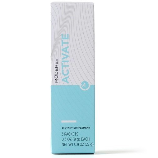 Modere Activate Australia 3-Day Cleanse - Image 2 - Shop Shaklee Australia Tall white-and-blue carton of Modere Activate dietary supplement showing it contains 3 packets (net weight 0.9 oz / 27 g).