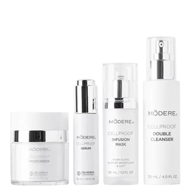 Modere CellProof Double Cleanser Australia - Image 3 - Shop Shaklee Australia Collection of Modere Cellproof skincare products: moisturizer, serum, infusion mask, and double cleanser arranged in a row on a white background