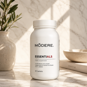 Modere Essentials - Shop Shaklee Australia MODERE Essentials dietary supplement bottle on a marble countertop, showing 90 tablets and the label text Essentials clearly visible.