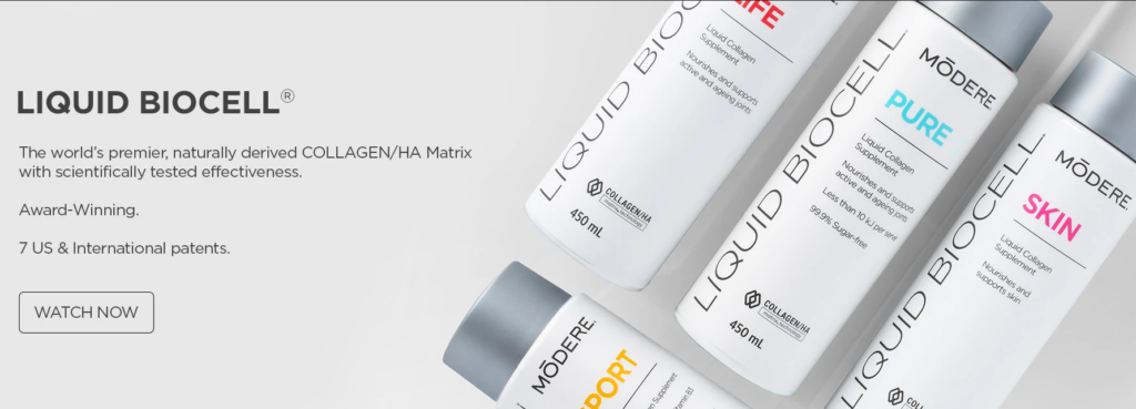 Marketing hero banner for Liquid Biocell collagen products showing multiple white bottles with grey caps and the text 'LIQUID BIOCELL' on the left panel and product labels on the right.