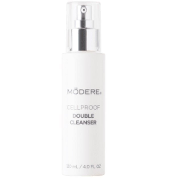 Modere CellProof Double Cleanser Australia - Image 2 - Shop Shaklee Australia White spray bottle with a silver pump labeled MŌDERE Cellproof Double Cleanser; 100 ml / 4 fl oz capacity, product packaging shines against a white background.