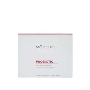 Boxed Modere Probiotic drink mix concentrate, 15 dual sachets (75 g total) with probiotics and prebiotics label visible on front.