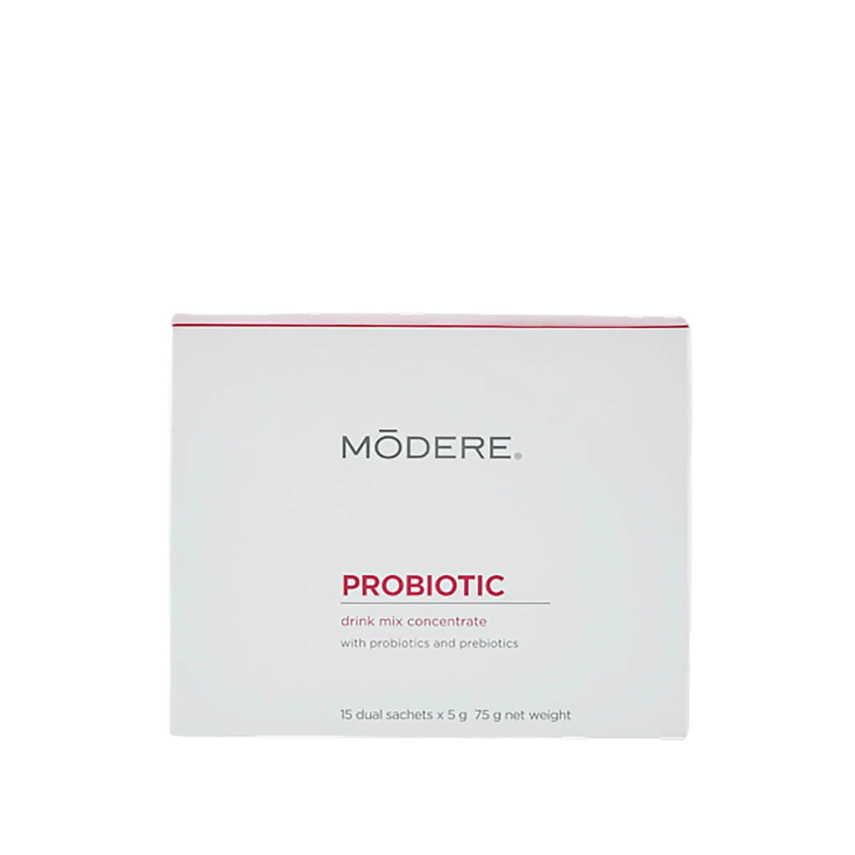Modere Probiotic _ Targeted Health _ Modere _ Shaklee AU site - Shop Shaklee Australia Boxed Modere Probiotic drink mix concentrate, 15 dual sachets (75 g total) with probiotics and prebiotics label visible on front.