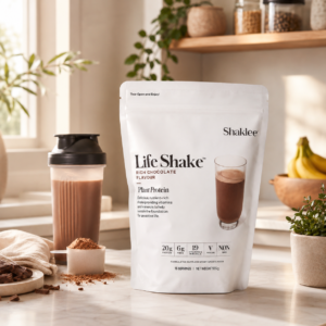 Life Shake plant protein powder bag (Shaklee) on a kitchen counter beside a blender bottle and scattered cocoa powder. The setup includes bananas and plants in the background for a healthy lifestyle vibe.