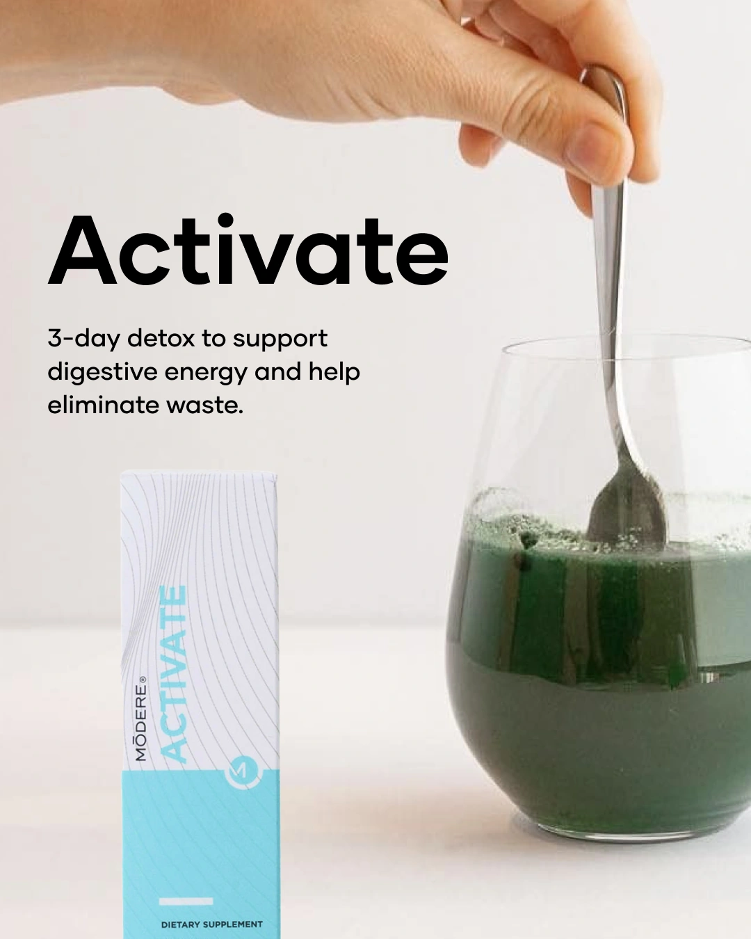 Modere Activate Australia 3-Day Cleanse - Image 3 - Shop Shaklee Australia Box of Activate dietary supplement beside a glass of green detox juice being stirred with a spoon by a hand, on a light background
