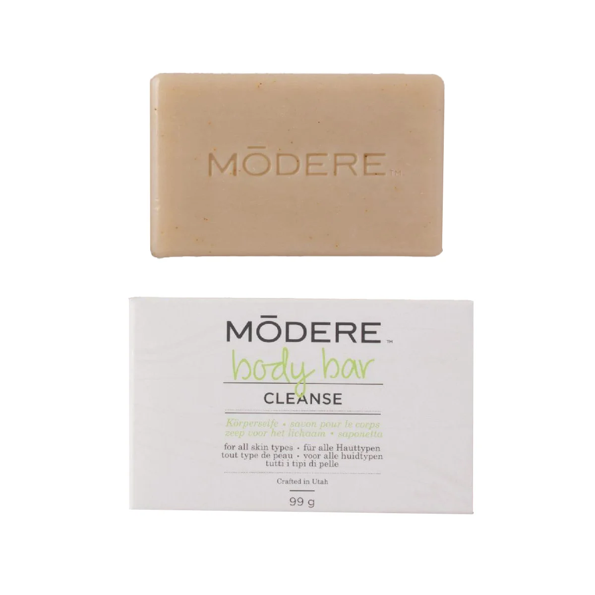 Modere Body Bar Australia - Image 3 - Shop Shaklee Australia Beige MODERE soap bar above a white box labeled 'MODERE body bar CLEANSE' with 'Crafted in Utah' and 99 g text below