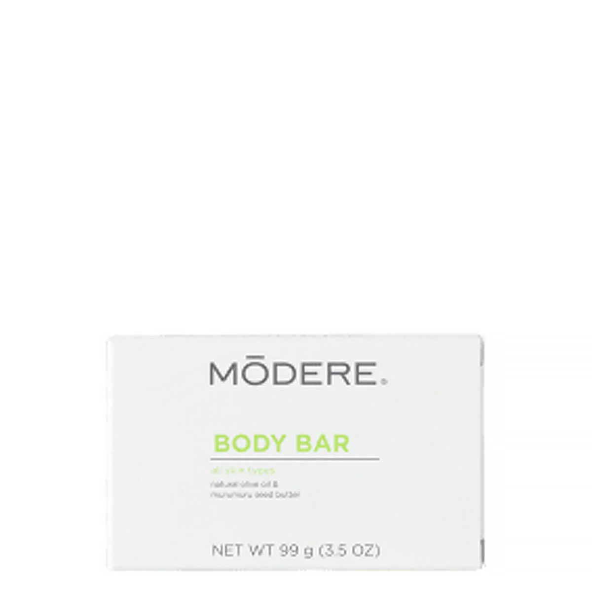 Modere Body Bar Australia - Image 4 - Shop Shaklee Australia White box packaging with the brand 'MODERE' and neon green 'BODY BAR' text, net weight 99 g (3.5 oz).
