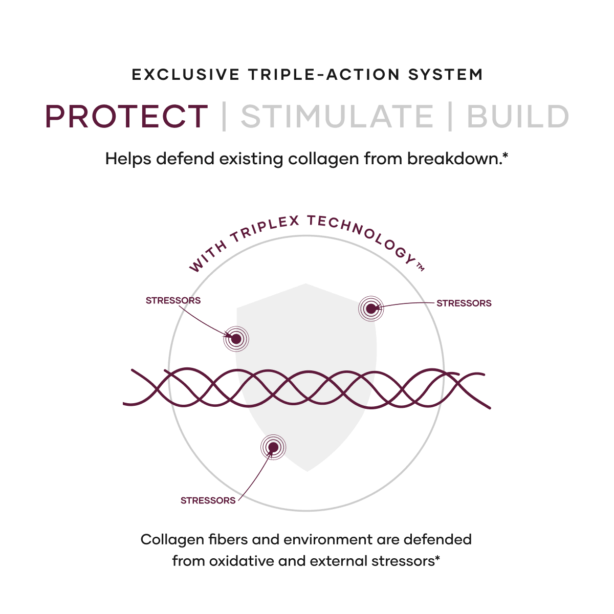 Shaklee LIFE+ liquid collagen bottle on beige fabric with pink quotation bubbles containing customer testimonials. - Shop Shaklee Australia Diagram of DNA strands protected by Triplex Technology, with labeled stressors around a circular diagram and a purple helix motif for protection.