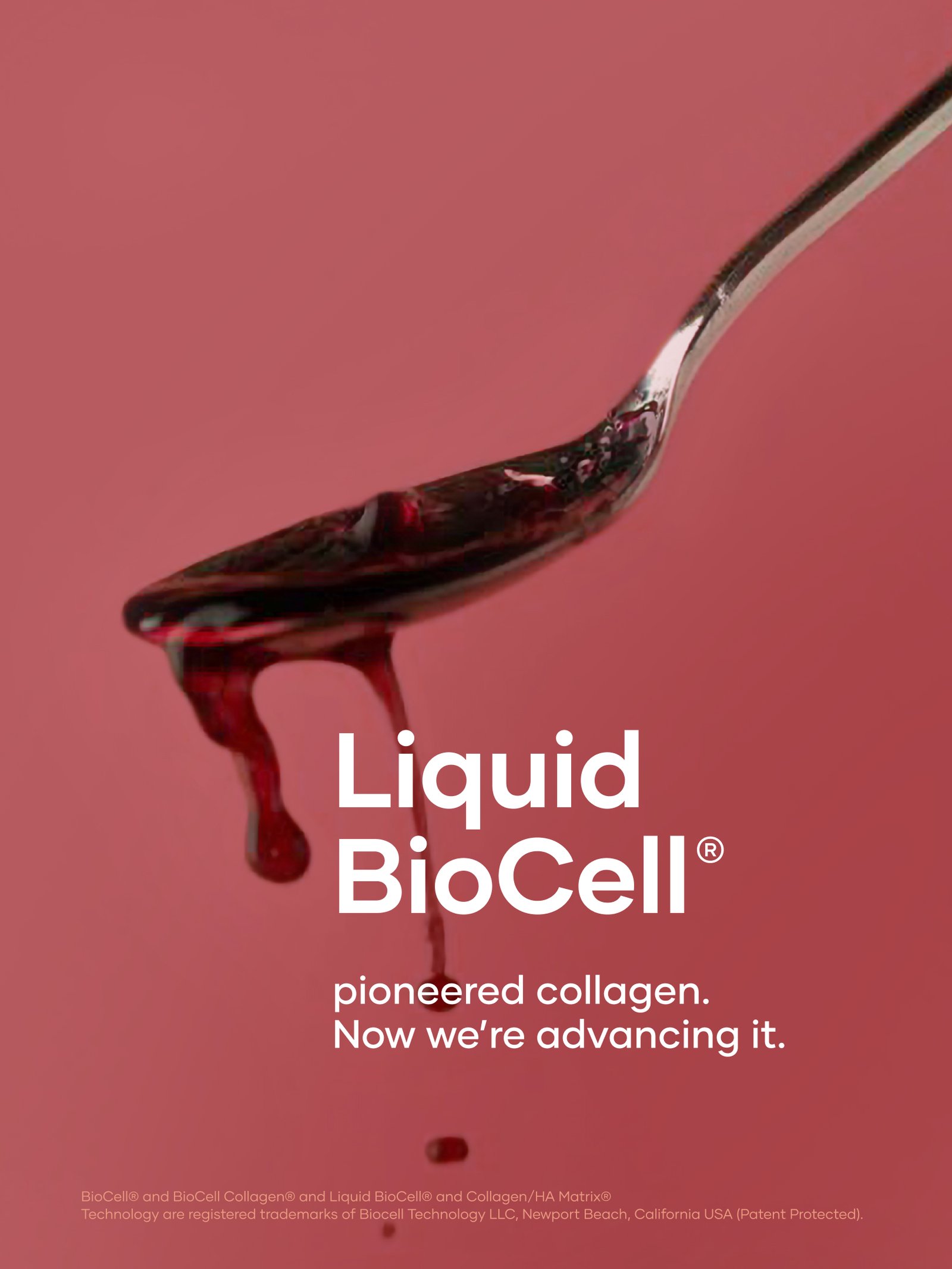 Biocell Teaser Carousel Post 6 English - Shop Shaklee Australia Close-up of a shiny spoon dripping red liquid against a pink background, with large white text reading 'Liquid BioCell' in the foreground.