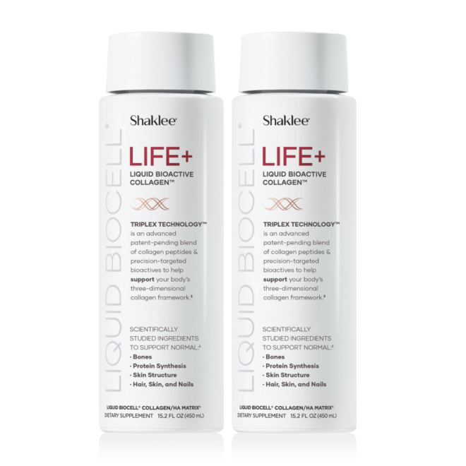 Life Plus Bottle 2-Pack 1 - Shop Shaklee Australia Two white Shaklee LIFE+ Liquid Bioactive Collagen dietary supplement bottles standing side by side.