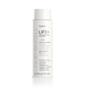 White Shaklee LIFE+ Liquid Bioactive Collagen bottle facing forward, label visible.