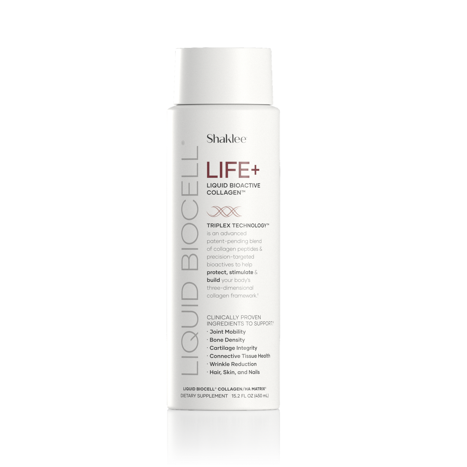 Life Plus Bottle on White Background - Shop Shaklee Australia White Shaklee LIFE+ Liquid Bioactive Collagen bottle facing forward, label visible.