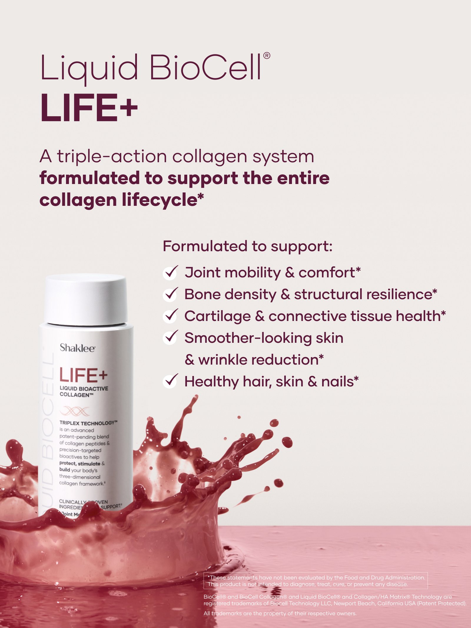 Life+ Product Overview US English Feed Version 2 - Shop Shaklee Australia Advertisement for Liquid BioCell LIFE+ collagen supplement; bottle on left with maroon text listing benefits and a red splash in the foreground.