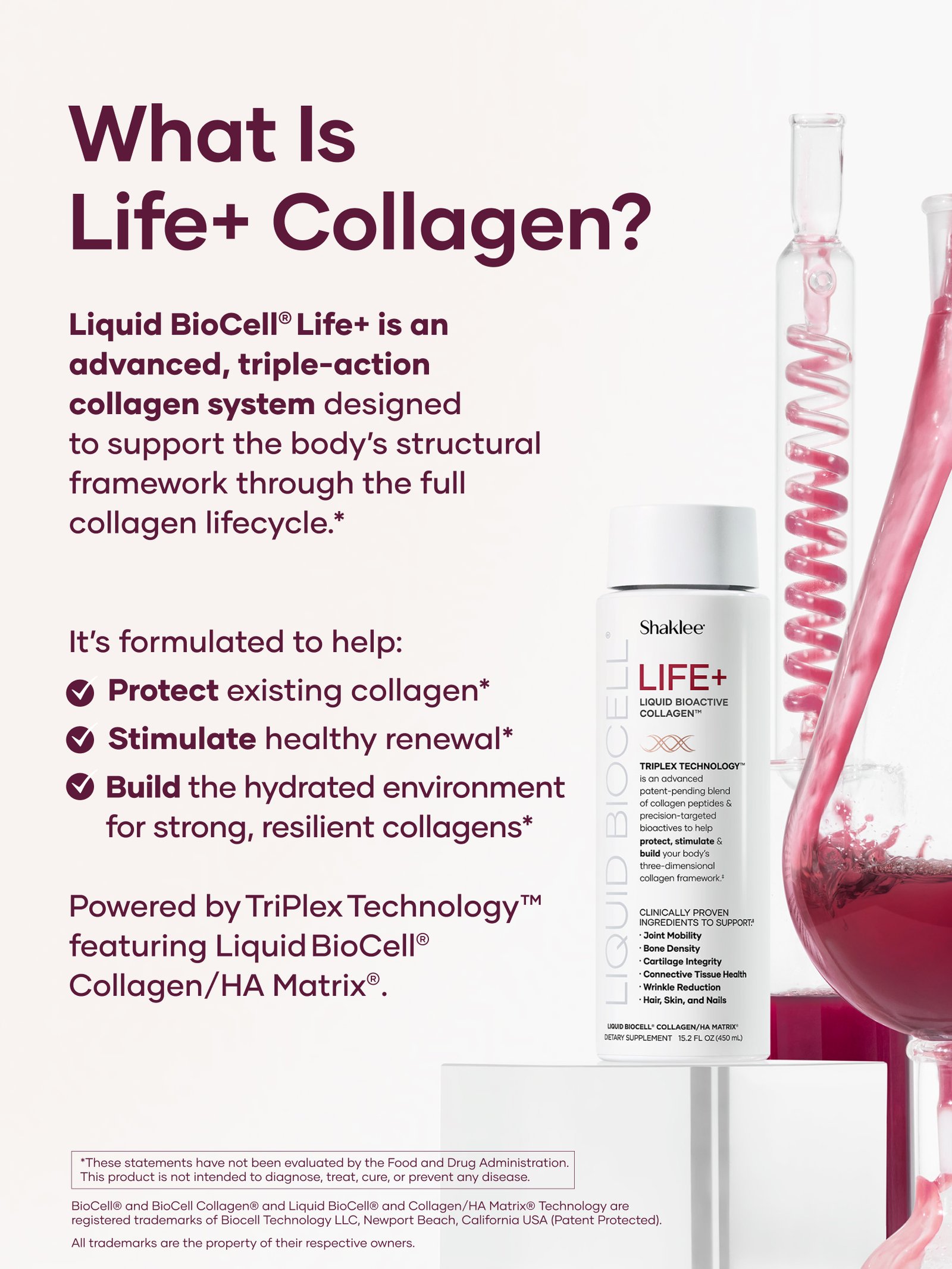 Life+ What is Life Plus US English Feed - Shop Shaklee Australia What Is Life+ Collagen? Ad explaining Liquid BioCell Life+ collagen system and benefits shown with lab imagery on the right.