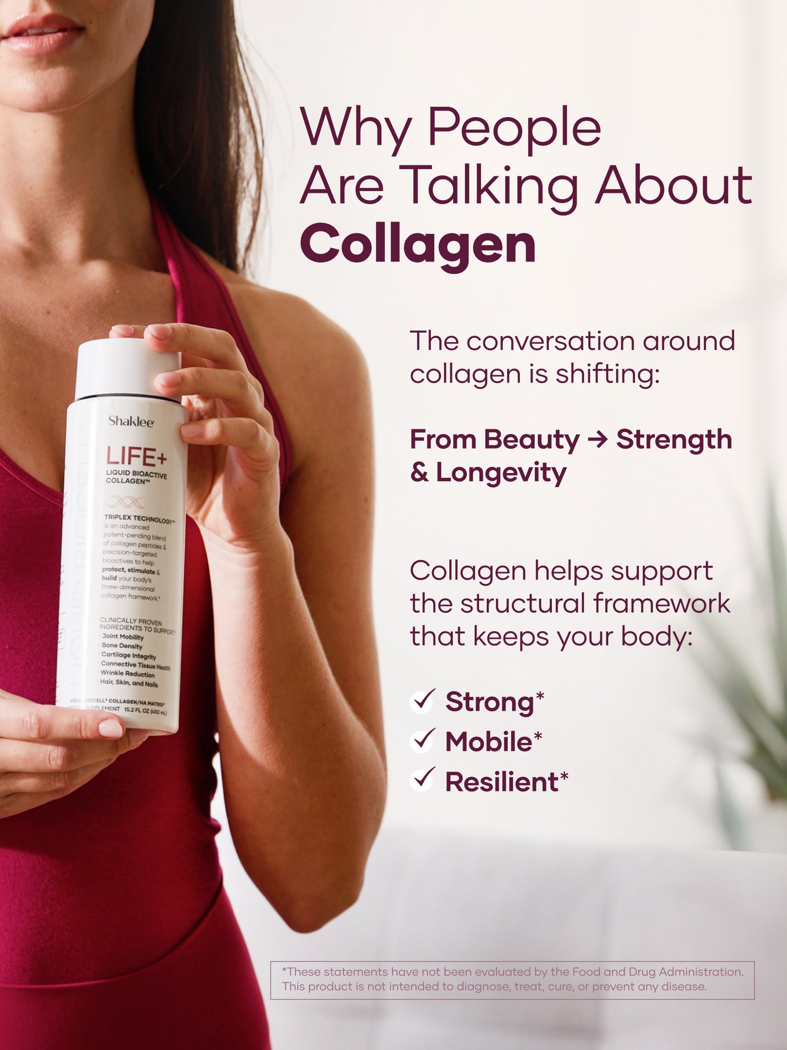 Life+ Why People Are Talking About Collagen Liquid BioCell Collagen LIFE+ Buy purchase - Shop Shaklee Australia Woman in a red top holds a Shaklee LIFE+ collagen bottle beside bold marketing text about collagen benefits on a light background