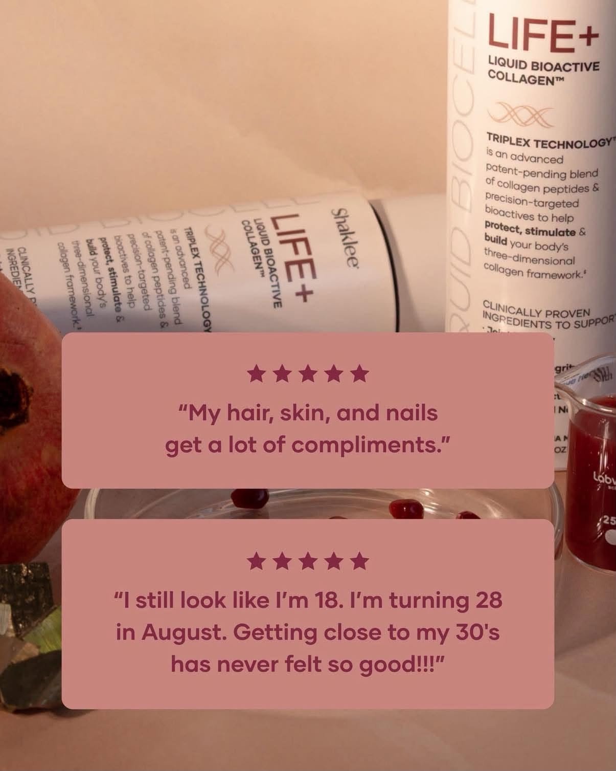 Liquid BioCell Collagen LIFE+ Buy purchase Shaklee Modere Reviews 2 - Shop Shaklee Australia Life+ Liquid Bioactive Collagen bottle shown with two pink testimonial banners containing customer quotes about its effects on hair, skin, and nails.