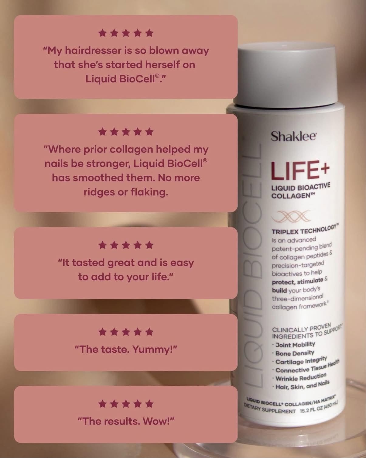 Liquid BioCell Collagen LIFE+ Buy purchase Shaklee Modere Reviews 4 - Shop Shaklee Australia Shaklee LIFE+ Liquid BioActive Collagen bottle with pink testimonial bubbles overlaying the left side.