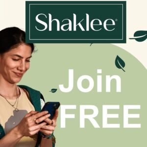 Smiling woman using a smartphone beside a green circle with 'Join FREE' and the Shaklee logo.
